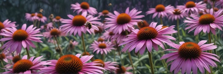 Fototapeta premium Bees hovering around large, bright purple echinacea flowers, pollen collection, flower pollination, botanicals