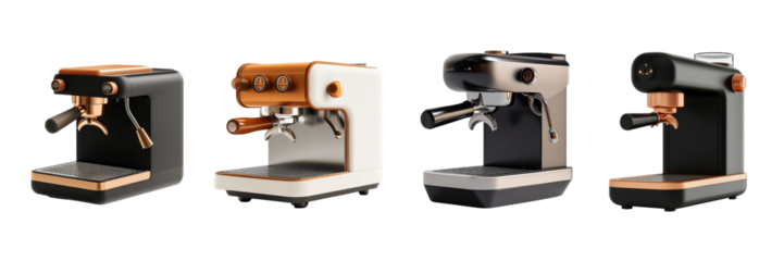 A collection of espresso machines featuring various colors and designs, showcasing their modern aesthetics and compact forms.