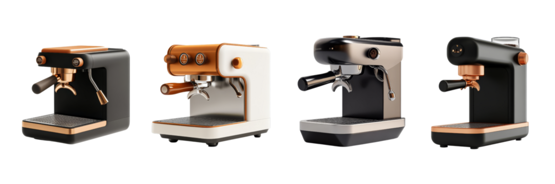 A collection of espresso machines featuring various colors and designs, showcasing their modern aesthetics and compact forms.