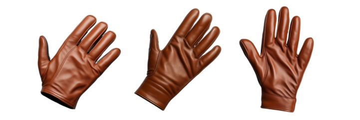 A pair of brown leather gloves displayed in various positions, showcasing their design and texture.