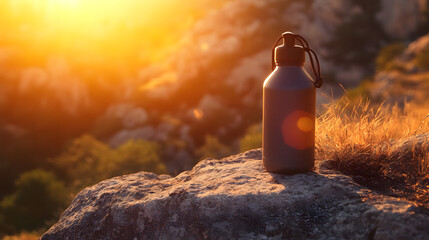 Discovering the Essential Role of Hydration in Nature: An Adventure Water Bottle on a Warm Rock Under Sunlight