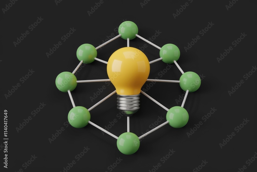 Poster yellow lightbulb connected to network of green spheres symbolizing collaboration.