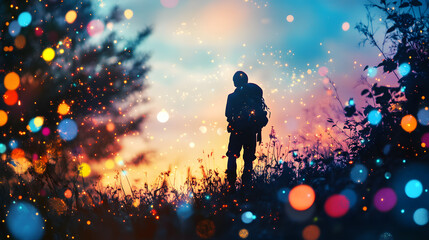 A Striking Silhouette of a Young Adventurer Amidst a Colorful Background of Dreams and Memories, Radiating the Spirit of Exploration and Joyful Wonder