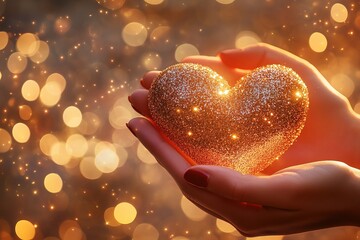 close-up of female hands holding sparkling glitter heart on blurred golden holiday glowing background with sparkles