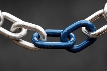 Interlinked metal chain  silver and blue links  signifying connection and strength.