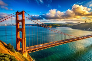 Fototapeta premium Golden Gate Bridge San Francisco Aerial View, Blue Sky, Iconic Landmark, California, USA, Panoramic Photography