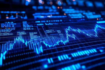 Blue illuminated computer screen showing data analysis chart