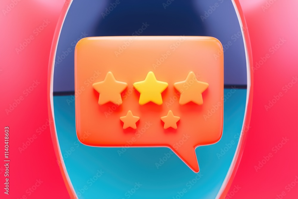 Poster orange speech bubble with five 3d stars showing a positive review or feedback.