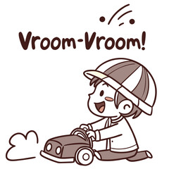 Happy Child Playing with Toy Car in Cartoon Style with Excited Expression and Fun Sounds