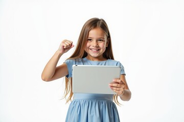 young girl with light brown hair, smiling widely. holding a tablet with hand. She has her right arm raised