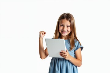 young girl with light brown hair, smiling widely. holding a tablet with hand. She has her right arm raised