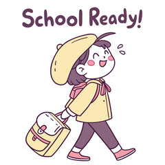 Happy Child Walking to School with Backpack and Cheerful Expression in Cute Cartoon Style