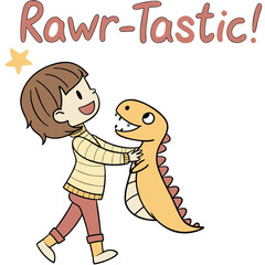 Joyful Child Embracing Adorable Dinosaur in Colorful Cartoon Style Illustration