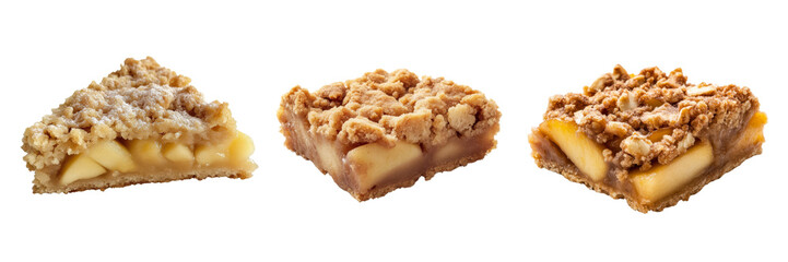 A trio of delectable apple desserts, each featuring a crumbly topping and layered with sweet, spiced apple filling.