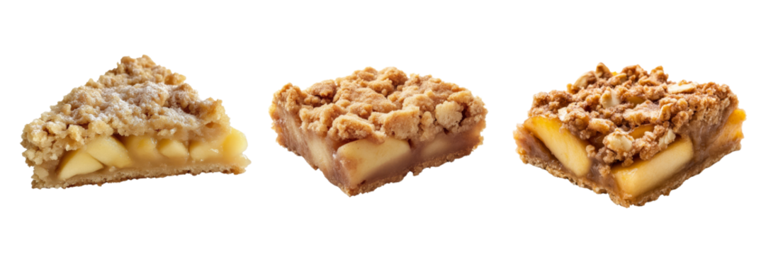 A trio of delectable apple desserts, each featuring a crumbly topping and layered with sweet, spiced apple filling.