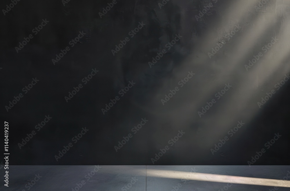 Poster minimalist scene featuring a dark wall and a beam of light illuminating a floor creating a serene an