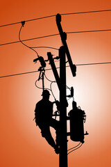 The power lineman use clamp stick (insulated tool) to closing a transformer on energized high-voltage electric power lines. The power lineman must be trained because it is a risky job.