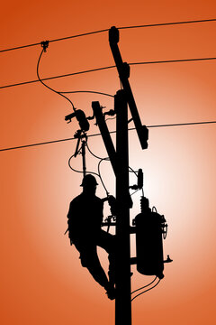 The power lineman use clamp stick (insulated tool) to closing a transformer on energized high-voltage electric power lines. The power lineman must be trained because it is a risky job.