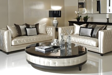 Elegant living room with plush sofas and a stylish coffee table, designed for comfort and aesthetics.