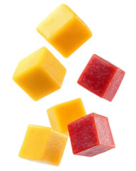 Colorful fruit flavored cubes in mid air png isolated on transparent background