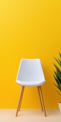 Minimalist white chair against a vibrant yellow wall with a green plant.