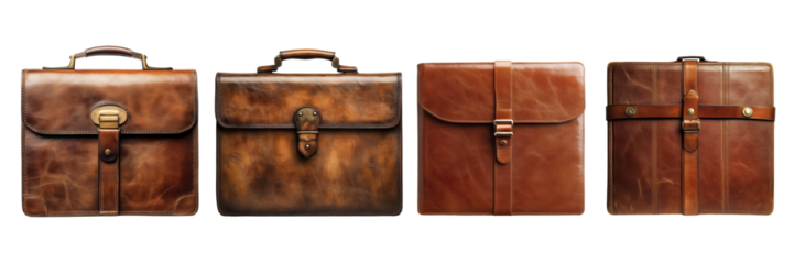 A collection of four vintage leather briefcases showcasing various designs and textures.