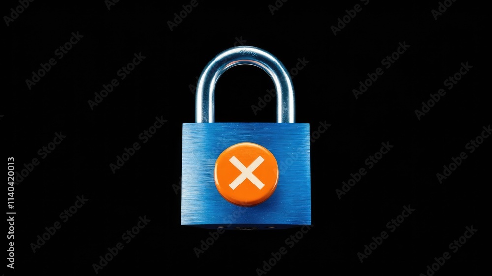 Poster blue padlock with an orange x signifying access denied or security breach.