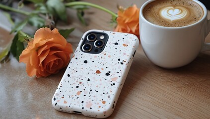 Smartphone in terrazzo case with latte and roses.