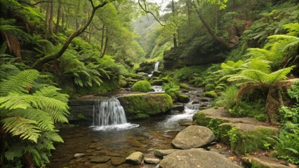 Naklejka premium Multiple waterfalls cascade down mossy rocks in a tranquil forest setting, surrounded by vibrant green ferns and creating a serene natural landscape