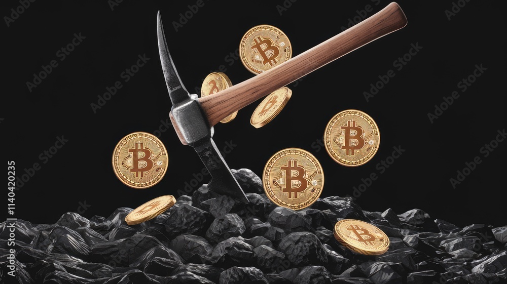 Poster bitcoin mining symbolized by pickaxe on coal pile.
