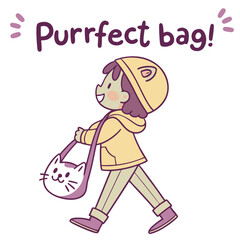 Cute Child Carrying Cat in Adorable Bag with Playful Text and Cartoon Style Illustration