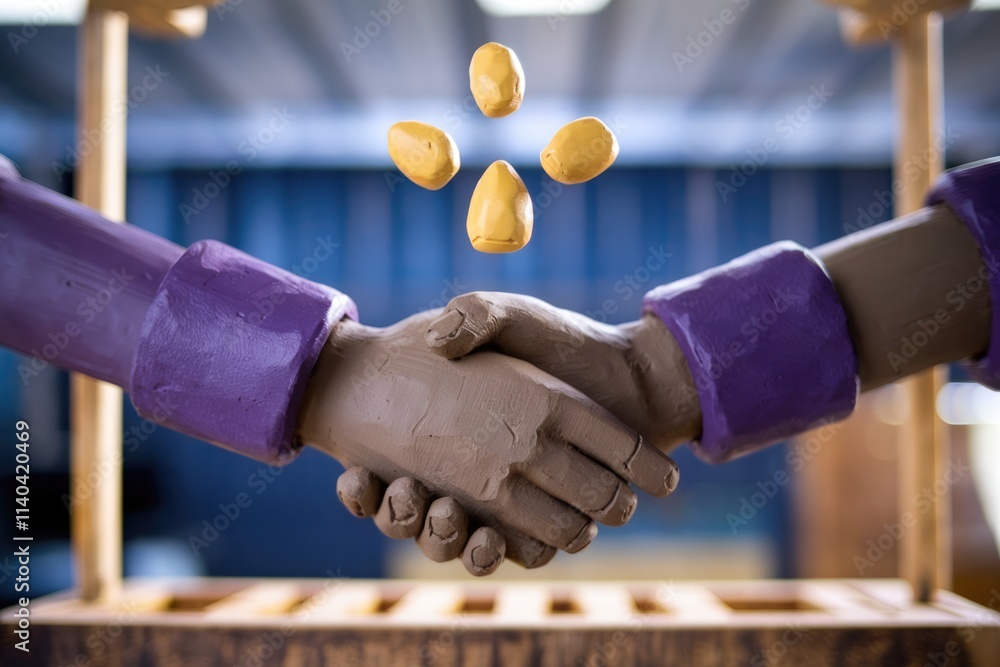 Poster two clay hands shake symbolizing partnership and collaboration with a four part logo above.