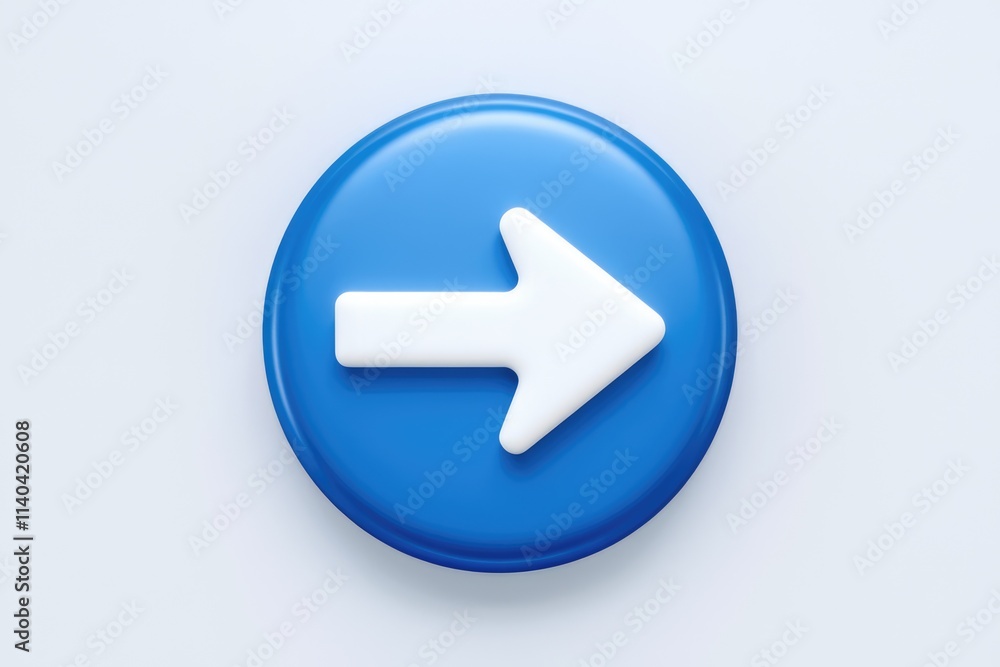 Poster A 3D rendered white arrow pointing right  displayed on a blue circular button.