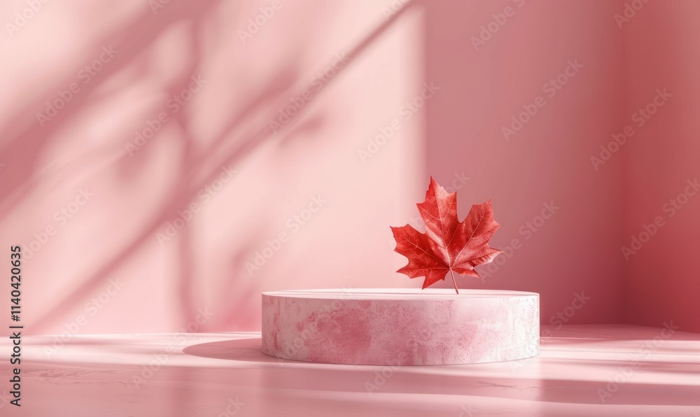 Aufkleber vibrant red maple leaf rests on a round pink pedestal illuminated by soft shadows in a minimalistic 