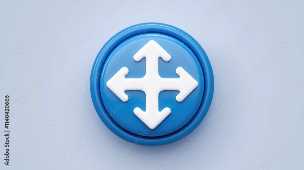 Poster blue button with four directional arrows symbolizes movement or options.