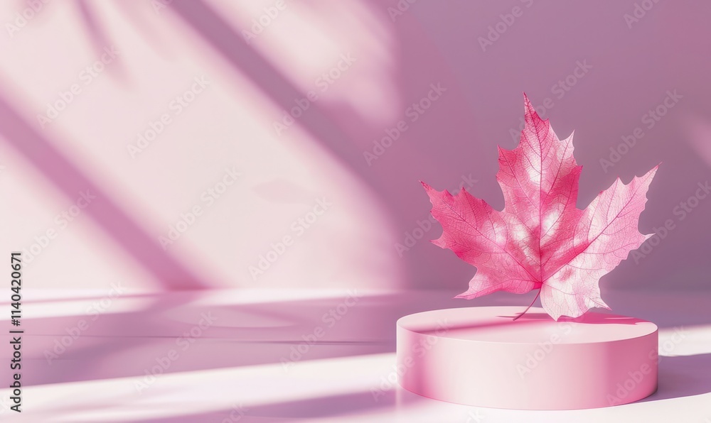 Poster delicate pink leaf sits on a circular base illuminated by soft shadows cast through a window creatin