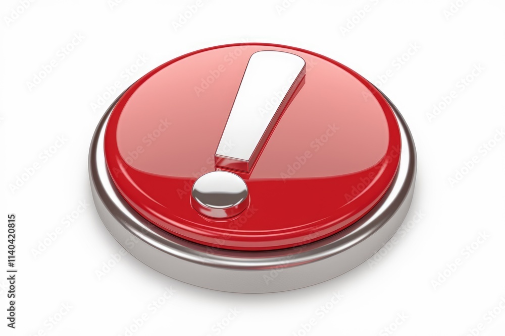 Poster A red button with a metallic exclamation mark  signifying alert or warning.