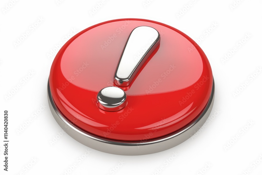 Poster A shiny red button with a metallic exclamation mark signifying alert or warning.