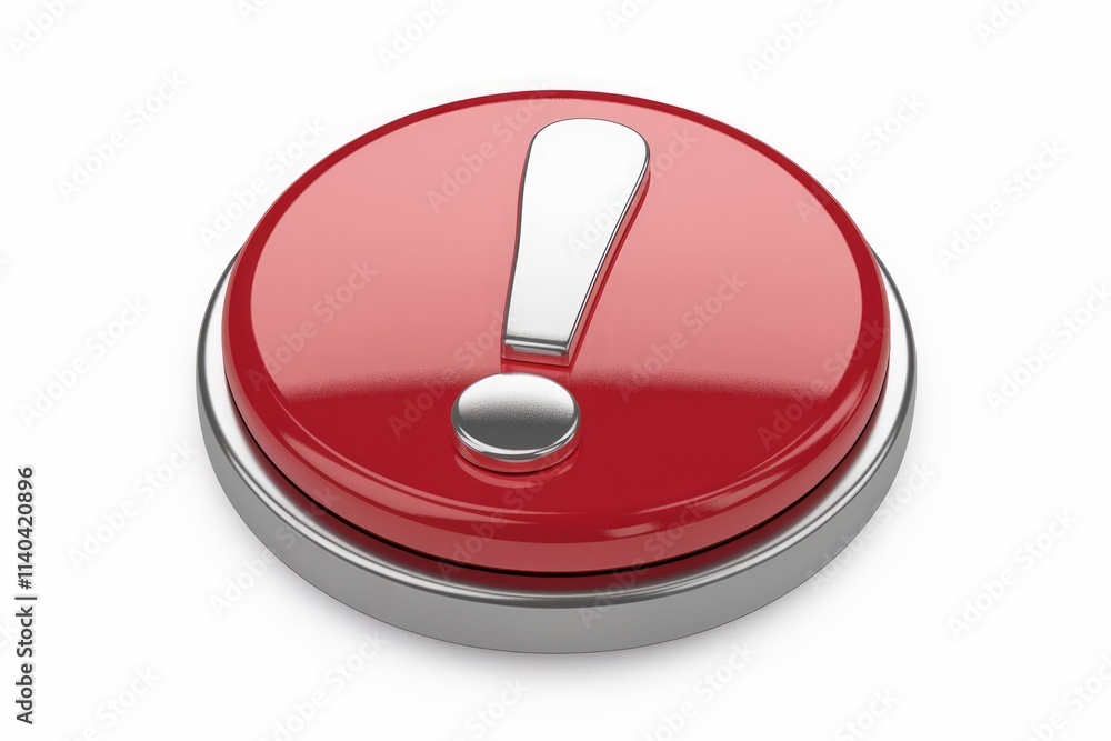Poster a red button with a silver exclamation mark symbolizes warning or alert.