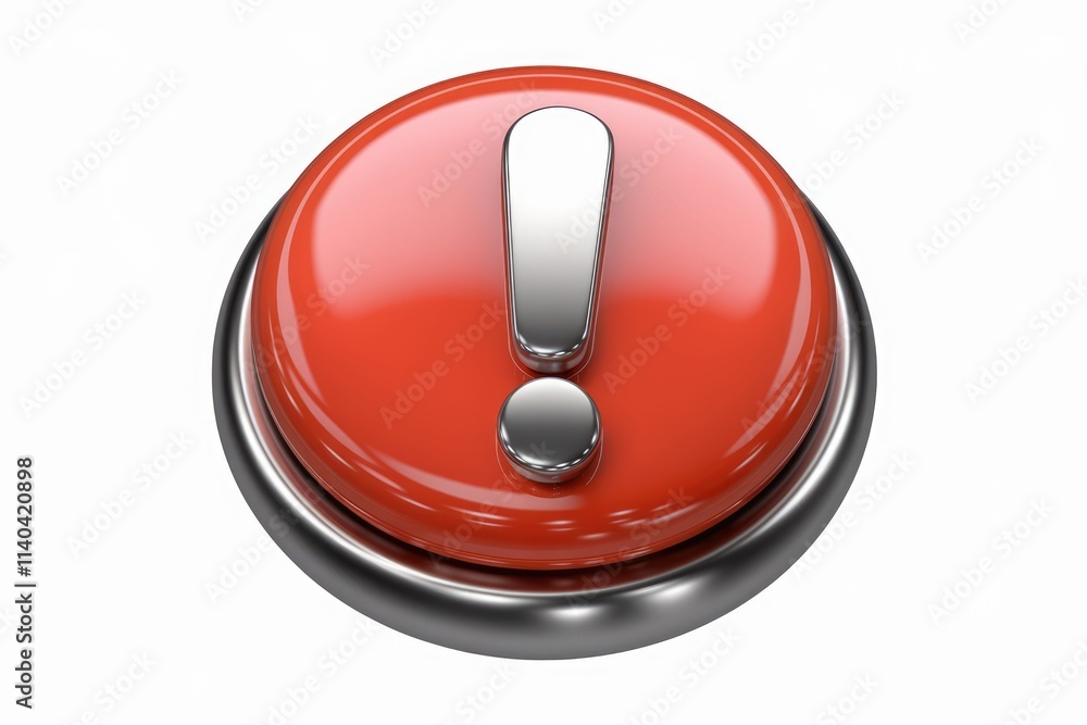 Poster red button with exclamation mark signifying alert warning or important notice.