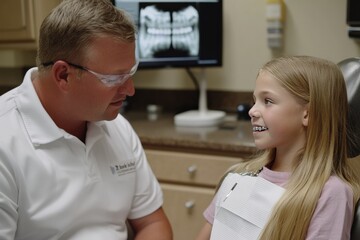 Obraz premium A dental professional adjusting braces on a young patients teeth in a modern clinic. Orthodontist.