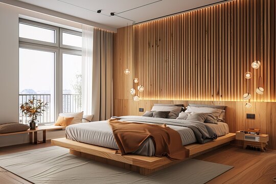 stylish eco-friendly bedroom interior with wooden wall and double bed on podium