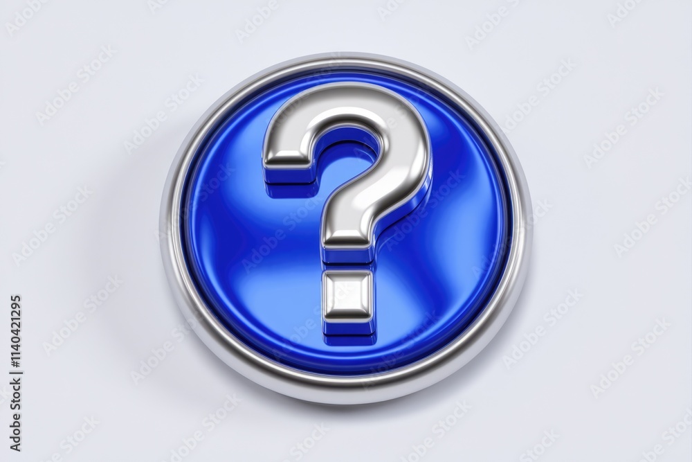 Aufkleber a metallic silver question mark on a shiny blue circular button.