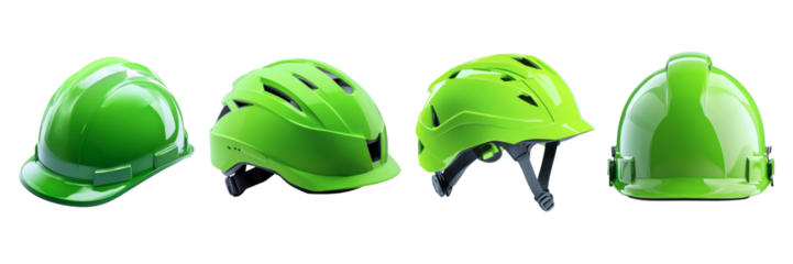 A collection of four green helmets, showcasing different styles suitable for various safety applications.