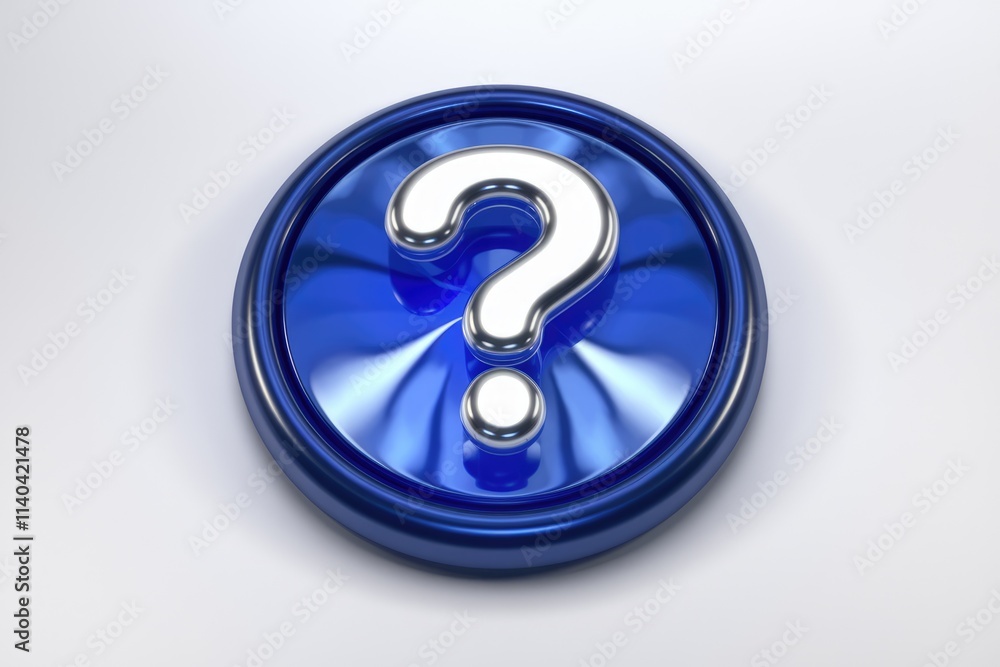 Poster A 3D rendered blue circular button with a metallic silver question mark in the center.