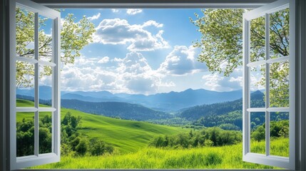 A scenic view of lush green hills and mountains framed by an open window, showcasing a bright, sunny sky with fluffy clouds. © Chanwit