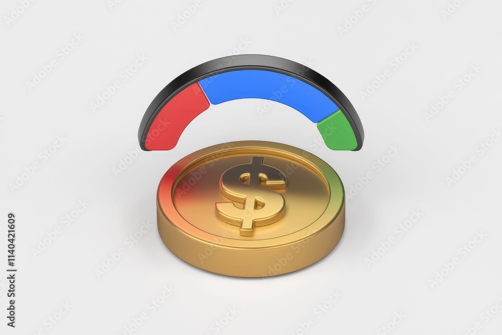 Poster a gold coin with a dollar sign is shown under a multi colored progress indicator.