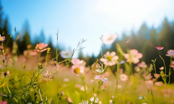 Beautiful field of colorful cosmos flower in a meadow in nature in the rays of sunlight in summer in the spring close-up of a macro. A picturesque colorful artistic image