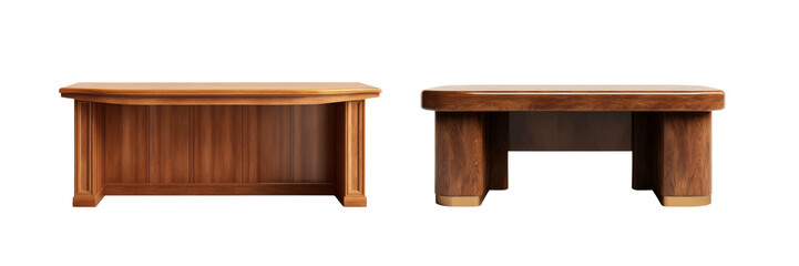 The image showcases two wooden tables featuring distinct designs and finishes, highlighting craftsmanship and material quality.