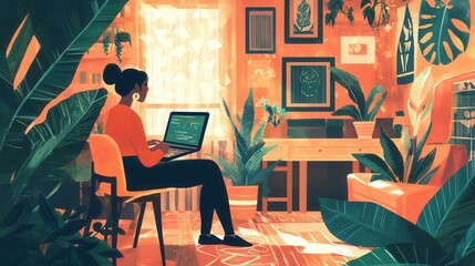 Fototapeta premium Illustration of Remote Workers Using Laptops in Modern Interior